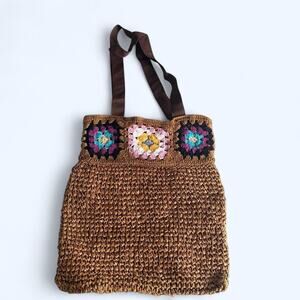 Anju Handcrafted Brown Woven Straw Tote Bag Crochet Granny Square Boho
